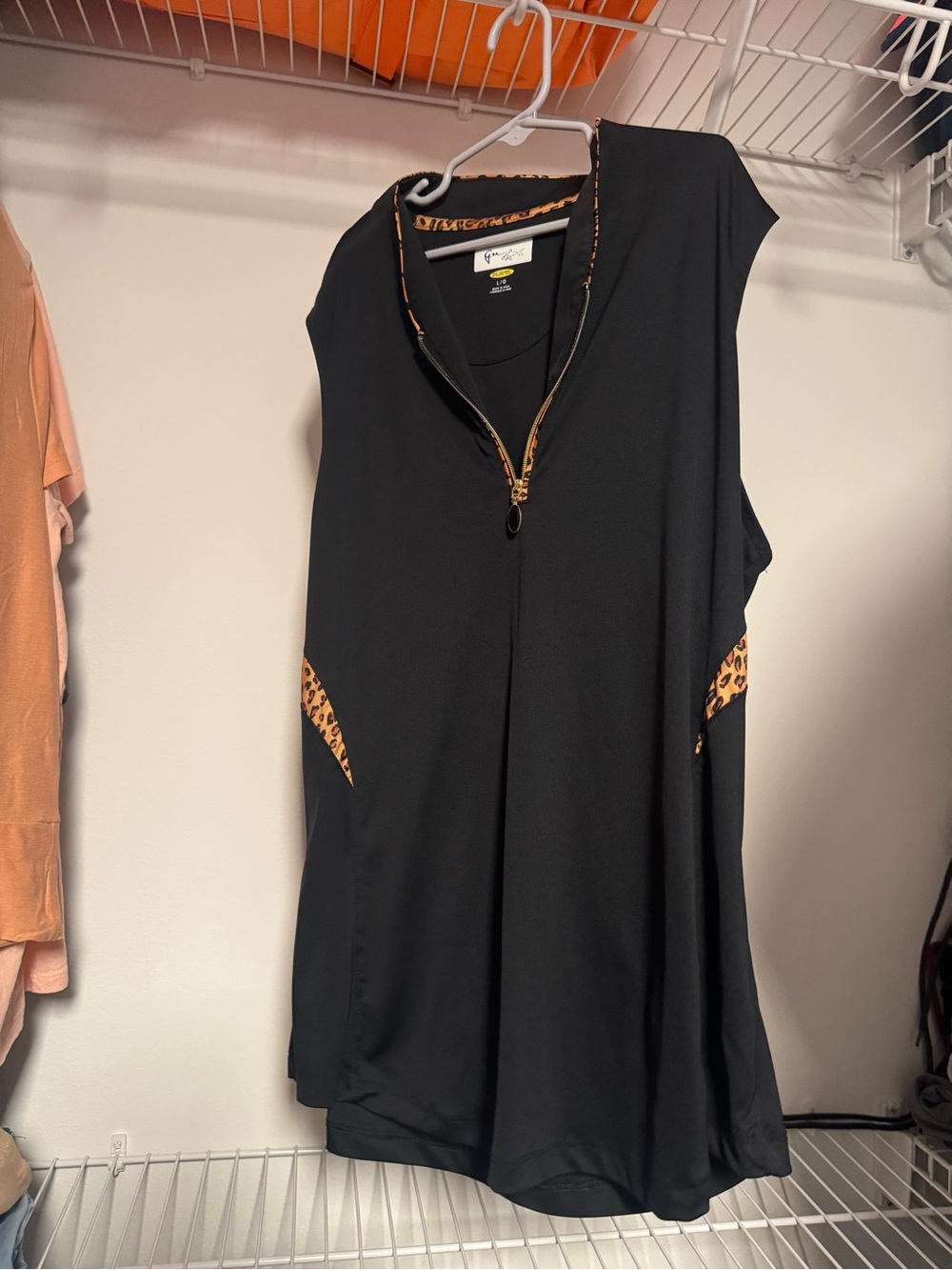 Greg Norman Collection Black Sleeveless Zip Tank with Leopard Accent